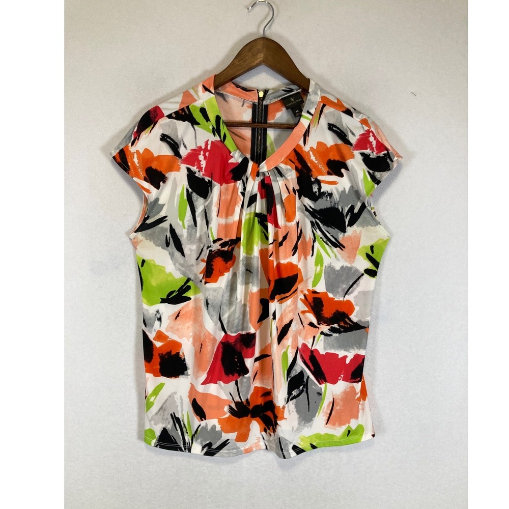 Abstract Floral Worthington Women XL Multicolor Cap Sleeve Pleated Zipper Blouse